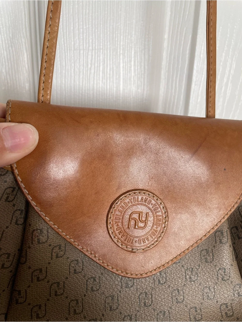 Vintage Yoland Brown/Tan Monogram Crossbody Shoulder Bag 8x2x6 inches